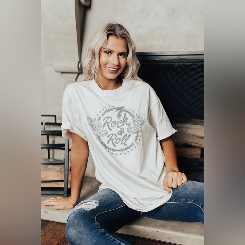 Rock and Roll Oversized Off White Graphic Tee - Bundle and Save!
